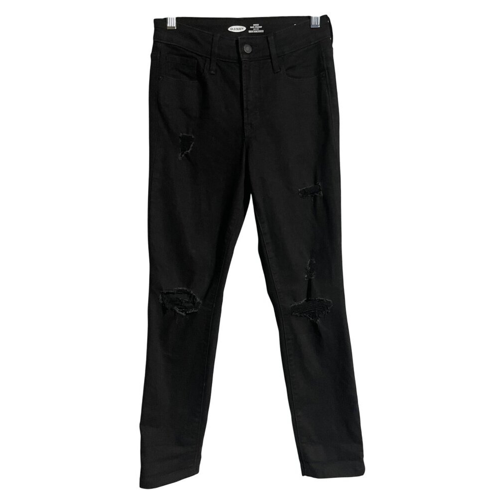 Old Navy Power Slim Straight High Rise Jeans Womens Sz 2 Black Distressed Denim